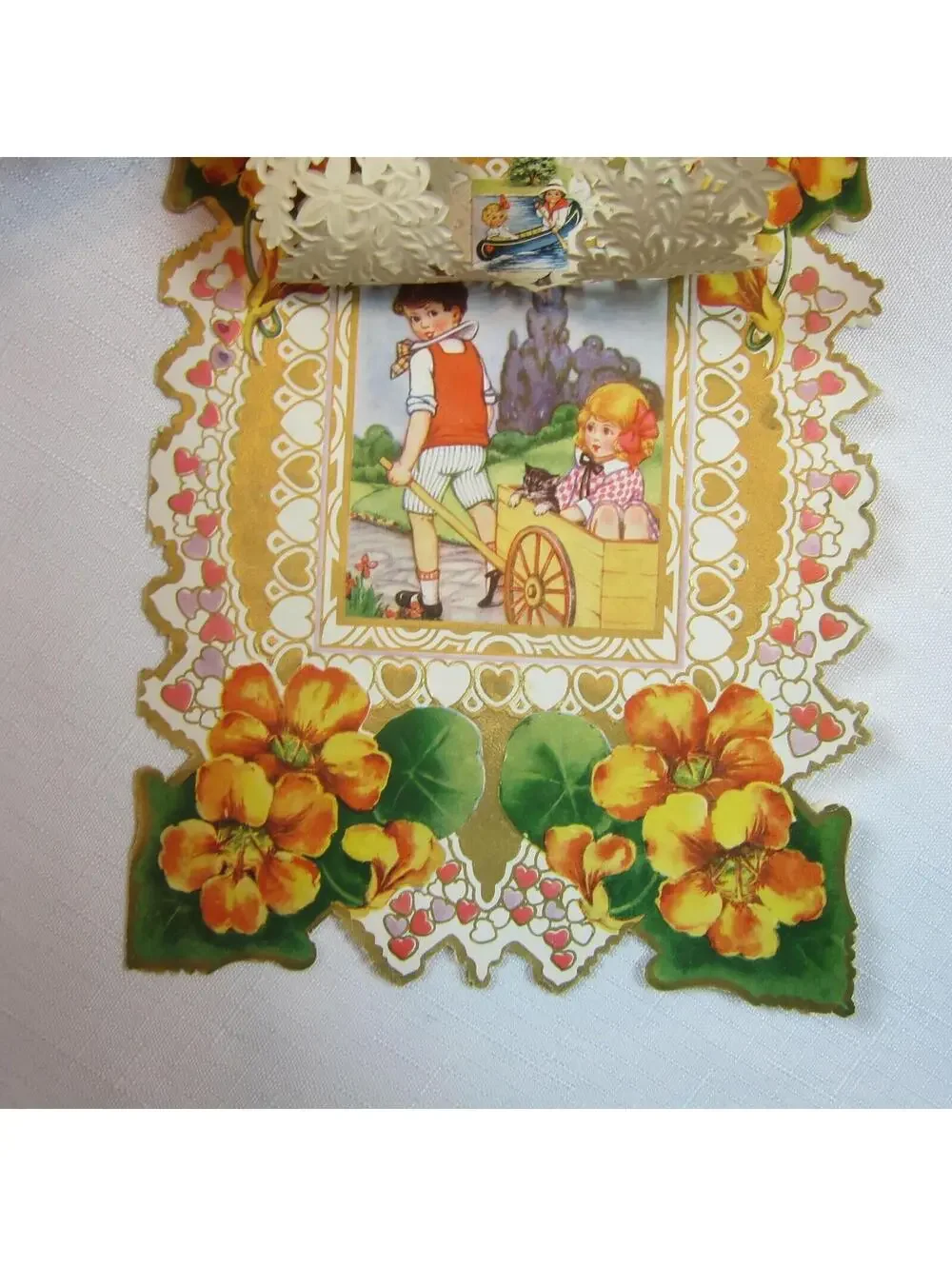 Vintage Valentine 1920s Die Cut Paper Lace XL Boy Wheelbarrow Girl & Cat Fishing